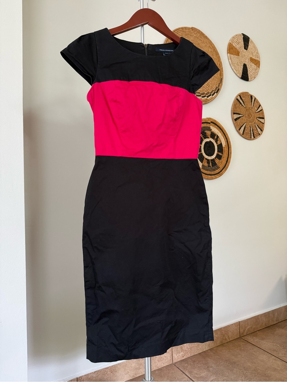 French Connection Classic Black and Hot Pink Colorblock Sheath Dress